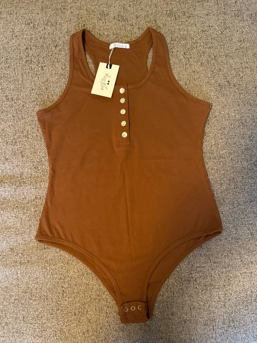 ReoRia Rust Brown Ribbed Henley Bodysuit with Button Placket